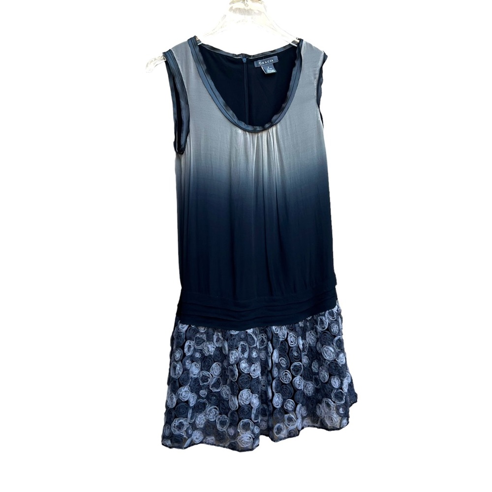 Gracia Grey Ombré  Party 100% Silk Textured Ruffle Sleeveless Dress Small